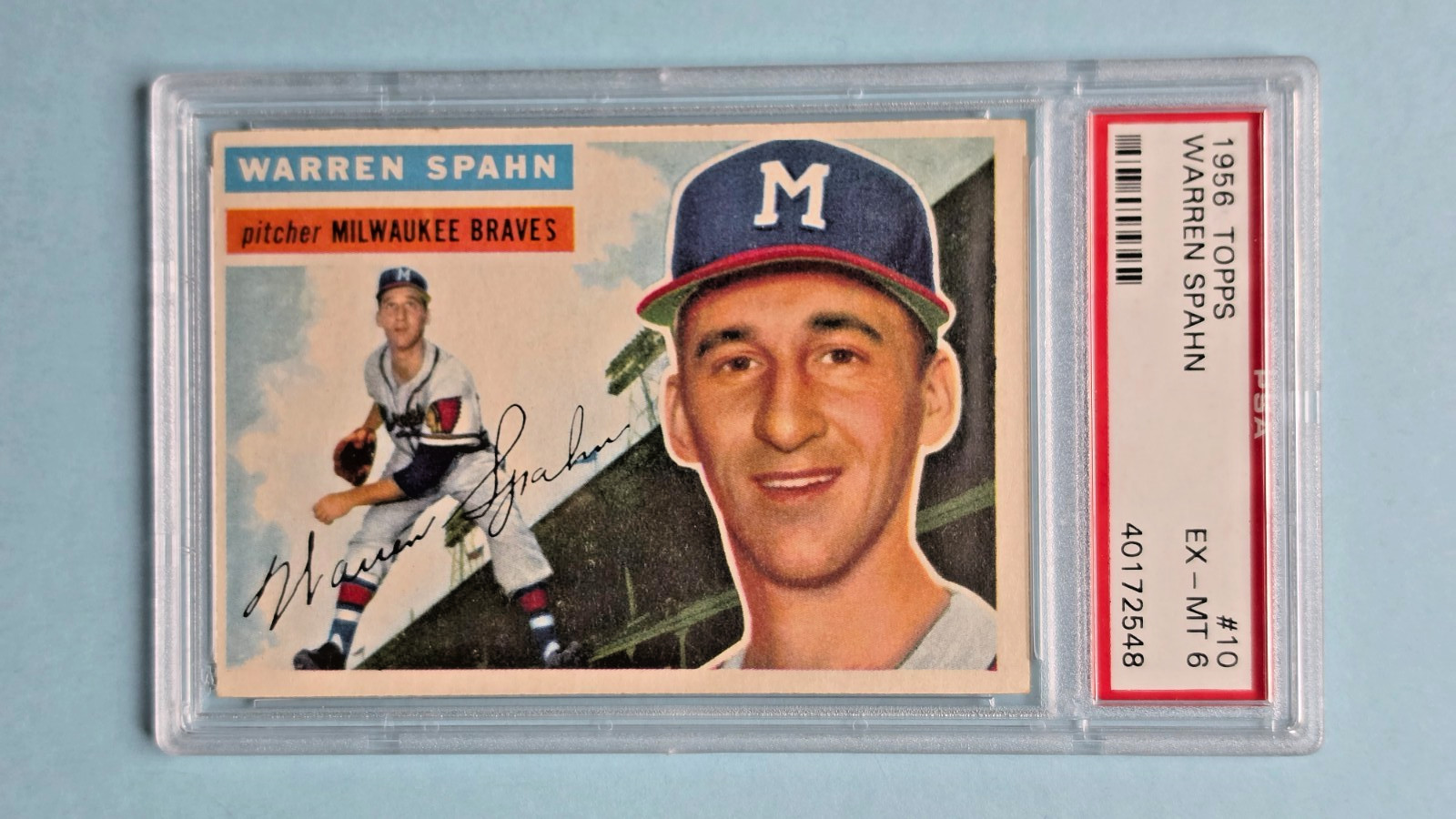 1956 Topps - #10 - Warren Spahn White Back - PSA 6 - EX-MT