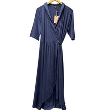 Quince Wrap Dress Womens XL Tencel Midi Navy Blue Coastal Stretch NEW