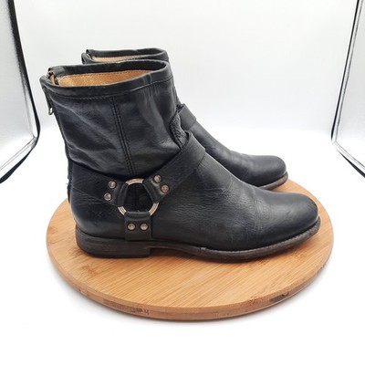 Frye Phillip Harness Womens Size 8.5 Boots Black Leather Back Zip Moto Engineer 