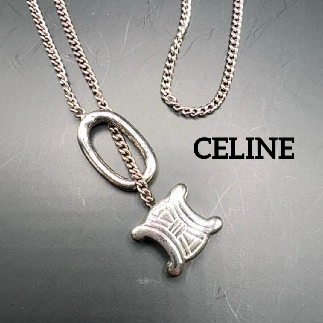 CELINE Triomphe Silver Necklace Logo Pendant Plated 6.6g