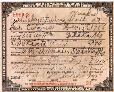 PROHIBITION ERA WHISKEY PRESCIPTION LICENSE 1928 8X10 PHOTO