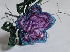  NEW Handmade french beaded Flower rose tri tone Magenta Purple Opal Turquoise