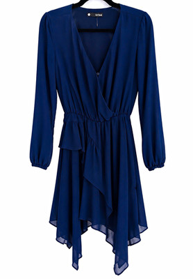 Krisa Navy Handkerchief Hem Surplice Long Sleeve Dress S