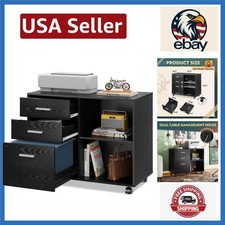 Elegant Black Wood Lateral Filing Cabinet with Easy-Glide Wheels and Shelves