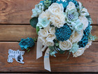 Wedding Bouquet with a matching Boutonniere in Ivory, Teal and Mint