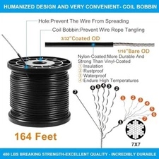 164 FT Nylon-Coated Stainless Steel Wire Rope 1/16" 480LB Strong 7-Strand Cable