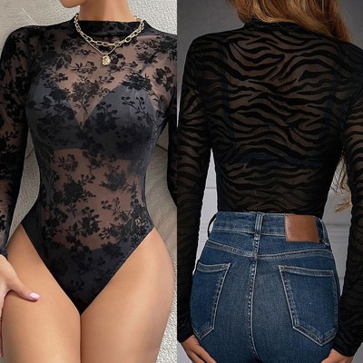 Jumpsuit Tops Womens Bodysuit Lightweight Long Sleeve Romper See Though Sexy