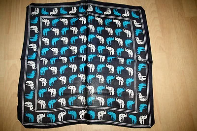 MARKENLOS Kleines Tuch Nickituch Schwarz Weiß Türkis Elefanten 100% Seide 52 x 52 Neu!