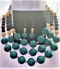 3 STRAND FAUX TURQUOISE ONYX PEARL BEAD CHOKER NECKLACE DROP EARRINGS SET