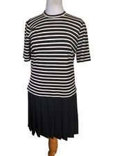 RETRO 1950'S BLACK & WHITE STRIPE PLEATED SHORT SLEEVE DROP WAIST DRESS