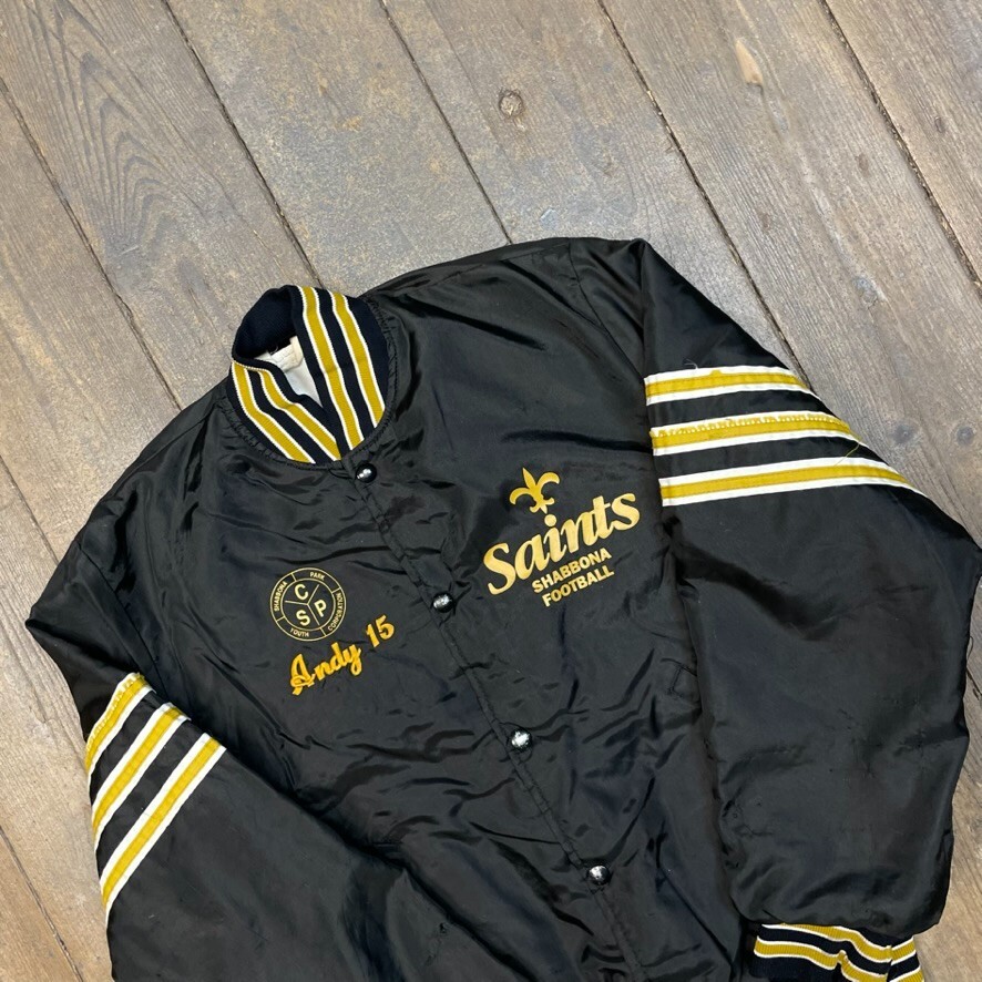 Vintage Bomber Jacket Satin USA Saints Football Sports Coat, Black, Mens Medium image 4