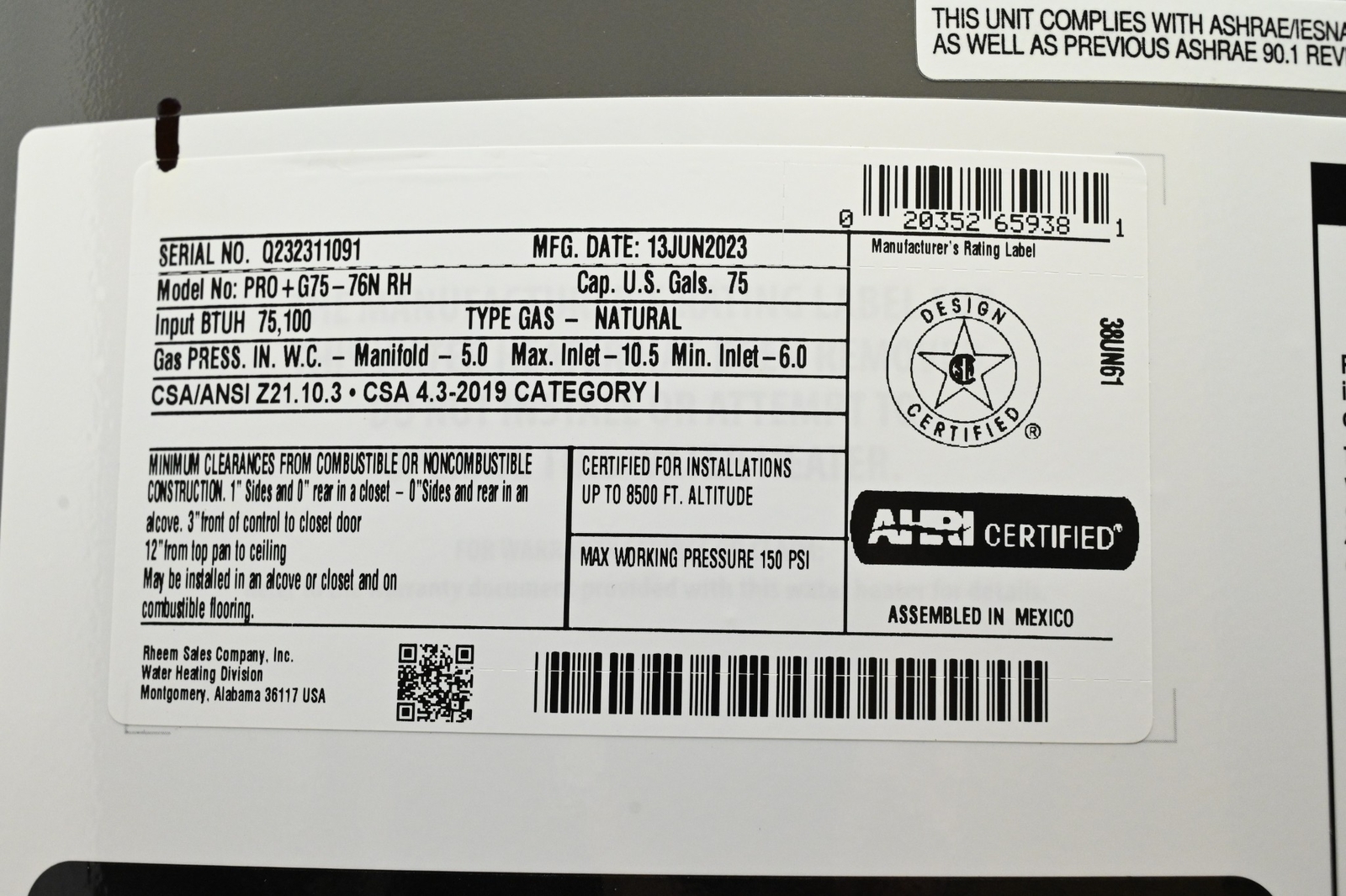 Rheem PRO+G75-76N RH Residential Gas Water Heater (DENTED) 20352659381 ...