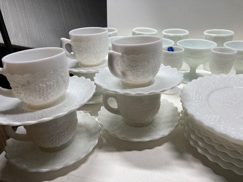 RARE- Vintage:Imperial Milk Glass Grape Pattern- Set for 6-8 Mid Century - Picture 1 of 21