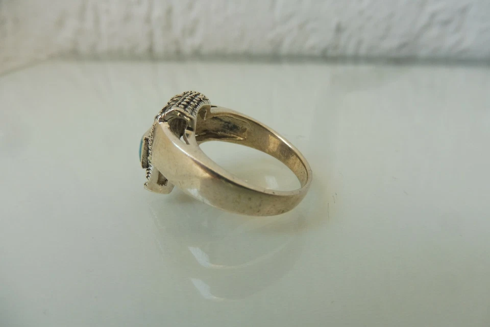 Bel Vecchio Anello In Argento, Argento 925 Con Turchese E Marcasite - Immagine 2 di 4