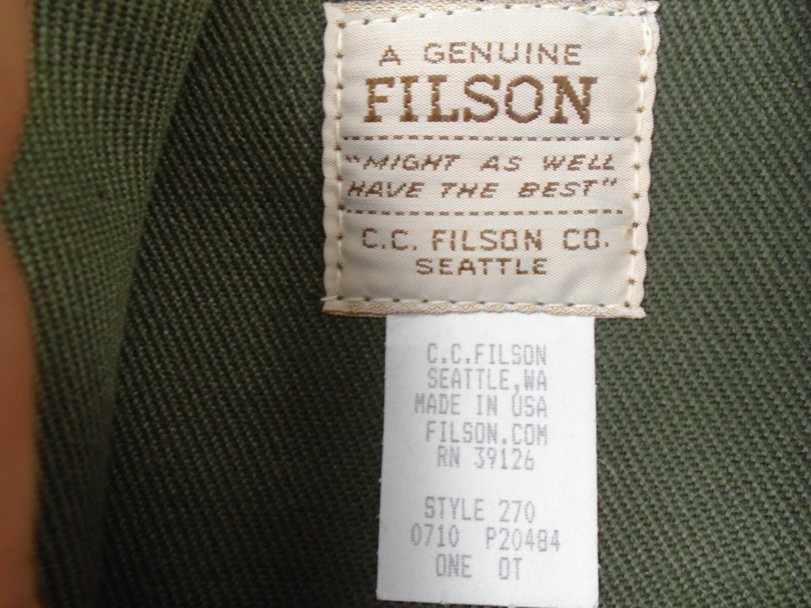 Filson Large Otter Green Rugged Garment Bag 270 Twill Leather Rare Discontinued