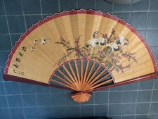HUGE 80"x48" Vintage Asian Hand Painted Stork /Crane Wall Fan Artist Signed c725