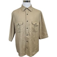 Eddie Bauer Button Up Shirt Size Large Tall LT Linen Beige Oatmeal Short Sleeve