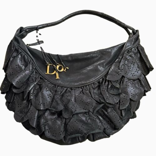 Christian Dior Gypsy Ruffle Hobo Black Leather Gold Hardware Lasercut Accents