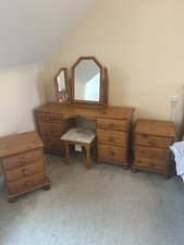GOLDEN PINE DRESSING TABLE WITH TRIPLE MIRROR, STOOL  + MATCHING BEDSIDE CABINET