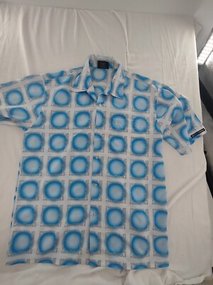 South Pole Mens Large All Over Print Camp Loop Collar Button Shirt Blue White