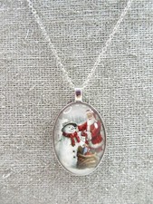 Santa Builds A Snowman Necklace Pendant Winter Christmas Jewelry Silver Chain