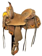 Youth Hard Seat Barrel Saddle Cheetah Seat & Sunflowers Full QH Bars 13" NEW