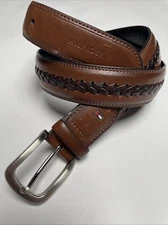 Tommy Hilfiger Men's 33MM Wide Leather Stitched Edge Casual Belt Brown Size 32