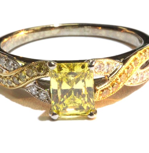 GIA 18k yellow white gold 1.35ct Fancy Canary Radiant Diamond Engagement Ring - Picture 2 of 12