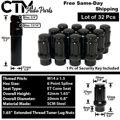 32x Black 1.6'' Tall 14x1.5 ET Spline Tuner Lug Nuts C2500/3500 K2500/3500 Trucks