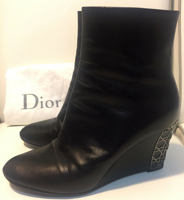 Christian Dior Lady Dior Boots Wedges Booties Shoes Black Leather Sz