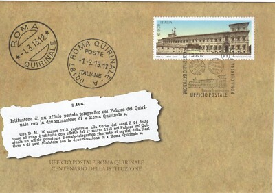 ITALIEN 2013 ROM 100. BÜRO PT ROM QUIRINAL POSTUMSCHLAG STORNIERUNG FDC