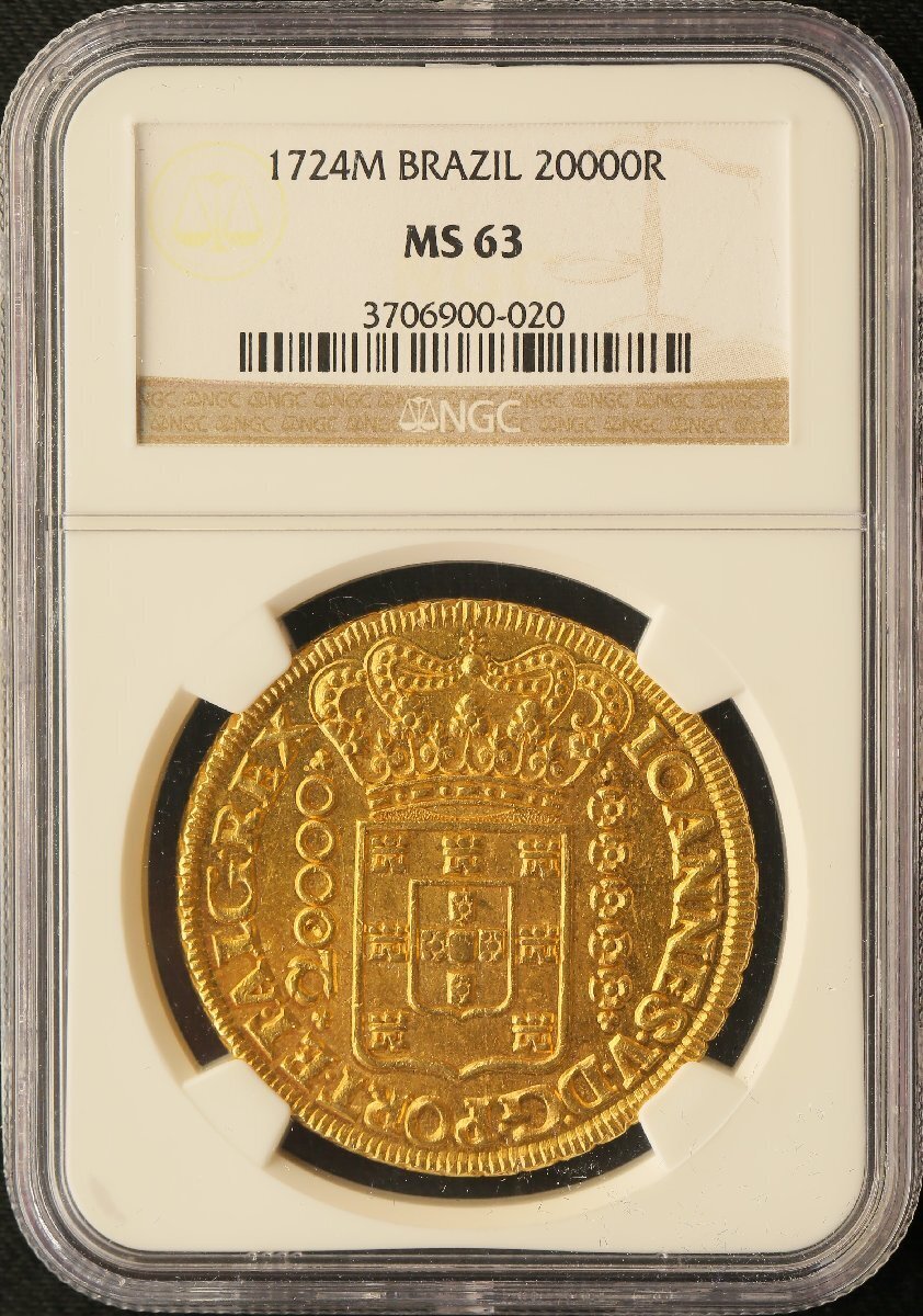 Antique Coin Brazil 1724M 20,000 Reis Gold Coin NGC MS63