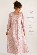 Vintage 90s Floral Brushed Satin Nightgown Pink Lace Cottagecore Medium
