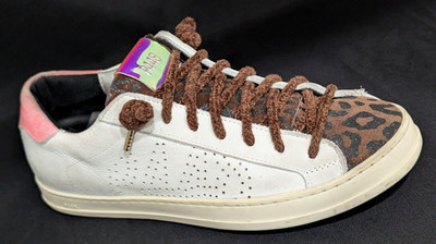 P448 Women's John White Leather Shoes LEOPARD w/Pink ITALY US 7.5-8/38 $298 *