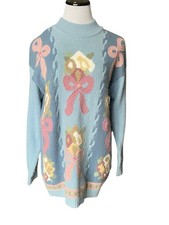 VTG Coquette Bow Floral Mock Neck Sweater Size M Blue Grandma Cottage Soft Girl