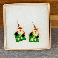 Vintage Santa Claus Christmas Stocking Enamel Dangle Earrings Holiday Gold