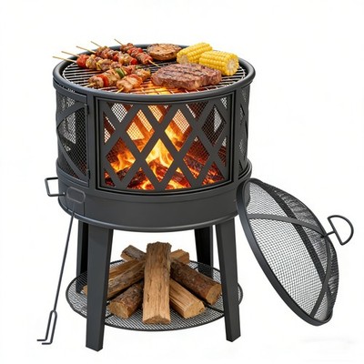 2-in-1 Smokeless Fire Pit & BBQ Grill with Cover & Poker - Outdoor for Patio