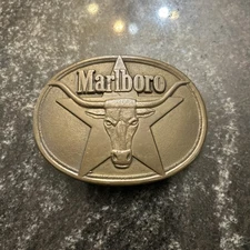 VINTAGE 1987 MARLBORO BELT BUCKLE SOLID BRASS PHILIP MORRIS LONGHORN STEER STAR