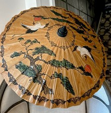 Vintage Hand Painted Japanese Bamboo Rice Paper Wood Umbrella Parasol 34  