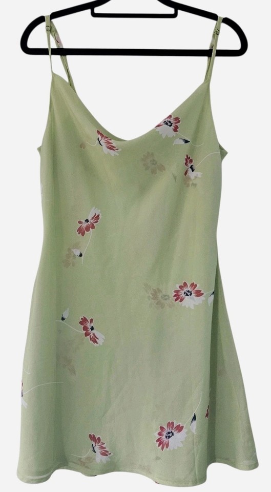 VRG GRL Mini Slip Dress Women’s Size 14 Green Floral Strapless Cowl Neck Y2K 