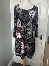 David Emanuel Dress Size 14 Purple Black Paisley Floral Mixed Print 3/4 Sleeve