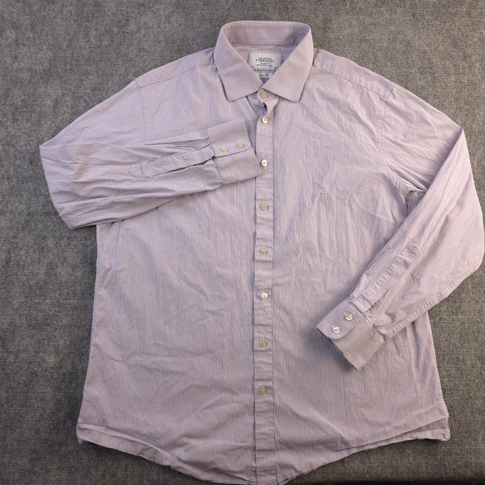 Charles Tyrwhitt Dress Shirt 18 37 Slim Fit Red Blue Vertical Striped SS - Image 2 of 4