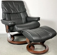 Ekornes Stressless Large "Ruby" Black Leather Swivel Recliner Chair & Ottoman