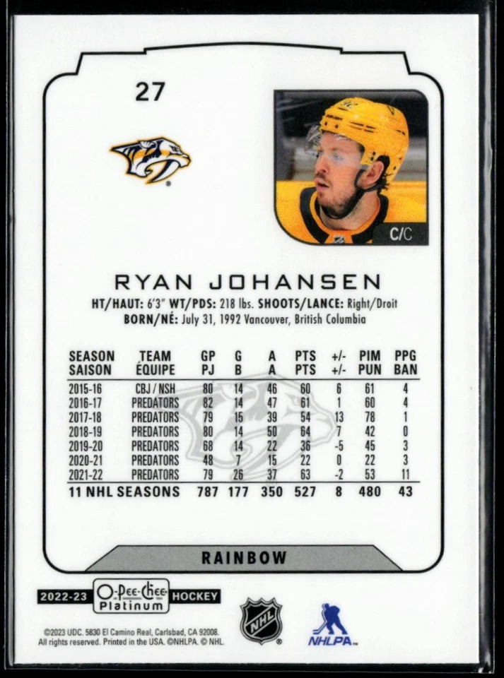 2022-23 O-Pee-Chee Platinum Rainbow #27 Ryan Johansen - Image 2 of 2