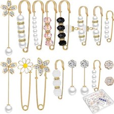 17 Pieces Pearl Brooch Pins Sweater Shawl Clips Faux Pearl Rhinestones Collar...