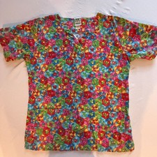 US Scrubs Uniform Top Bright Colorful Bees/Flowers Small Good Preowned X-19 