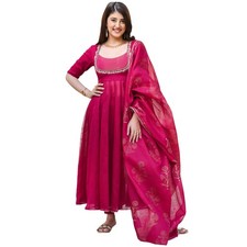 GoSriKi Women's Rayon Viscose Embroidered Anarkali Kurta with Pant Dupatta