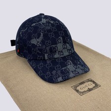 Gucci GG Monogram Web Denim Baseball Cap Hat Camouflage Navy Blue Size M
