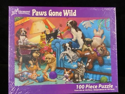 Vermont Christmas Company 100 Pc Jigsaw Puzzle Paws Gone Wild Dogs & Cats New