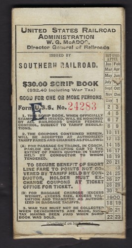 1919 Southern Railroad $30.00 Scrip Book with tickets number 37 thru 60